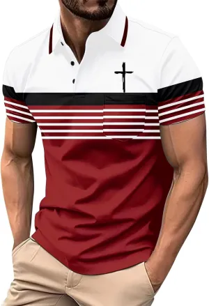 Mens Polo Shirt Short Sleeve Christian Casual Tees 3 Button Tops Lightweight Casual Basic Tee Striped Golf Shirts