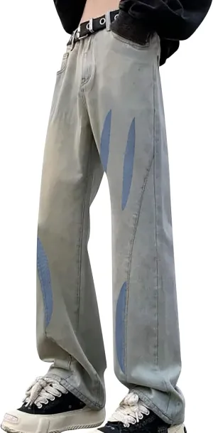 Men's Regular Fit Straight Hole Buckle Zipper Middle Waist Denim Long Pants Trousers Pants Wide Leg Trousers Pants