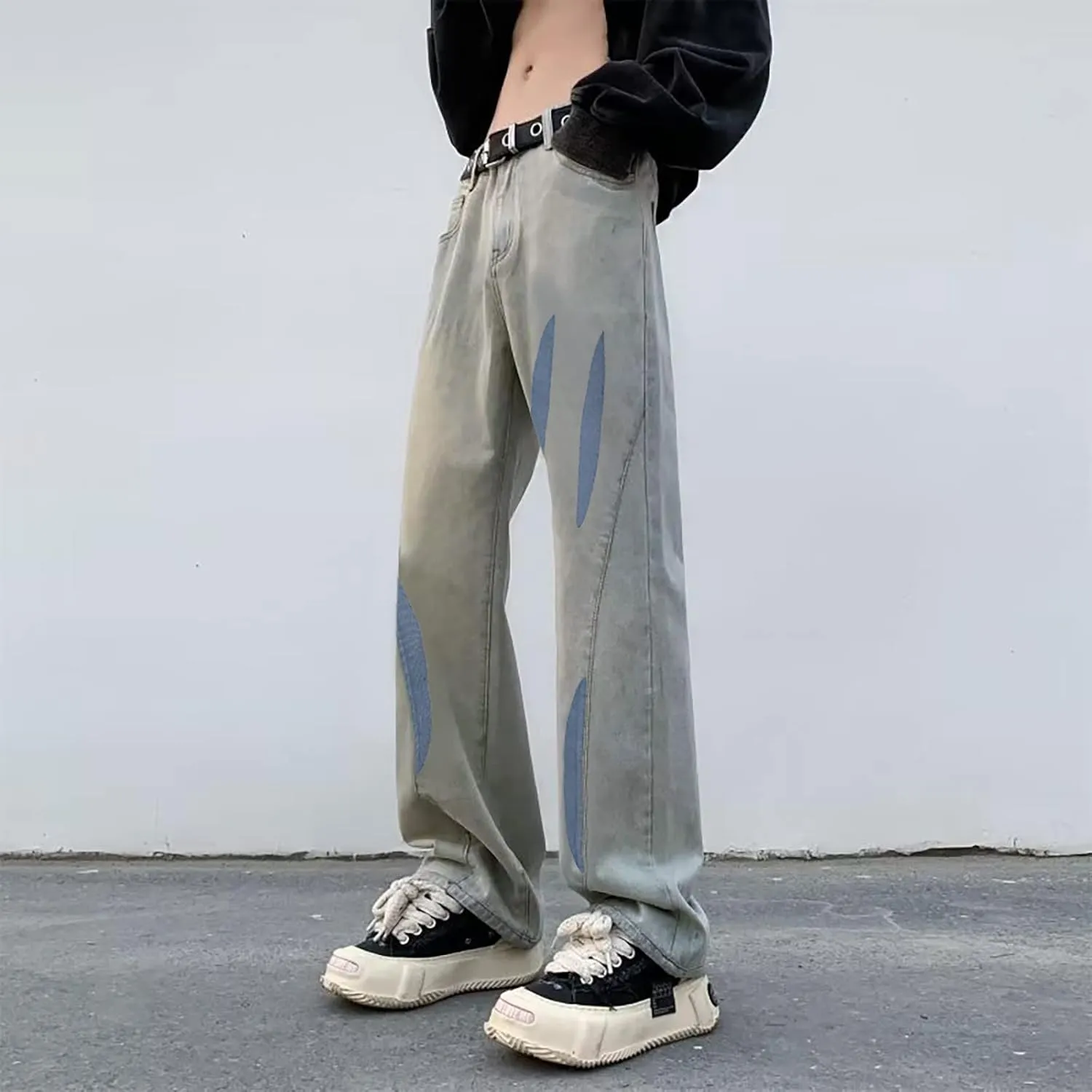 Men's Regular Fit Straight Hole Buckle Zipper Middle Waist Denim Long Pants Trousers Pants Wide Leg Trousers Pants