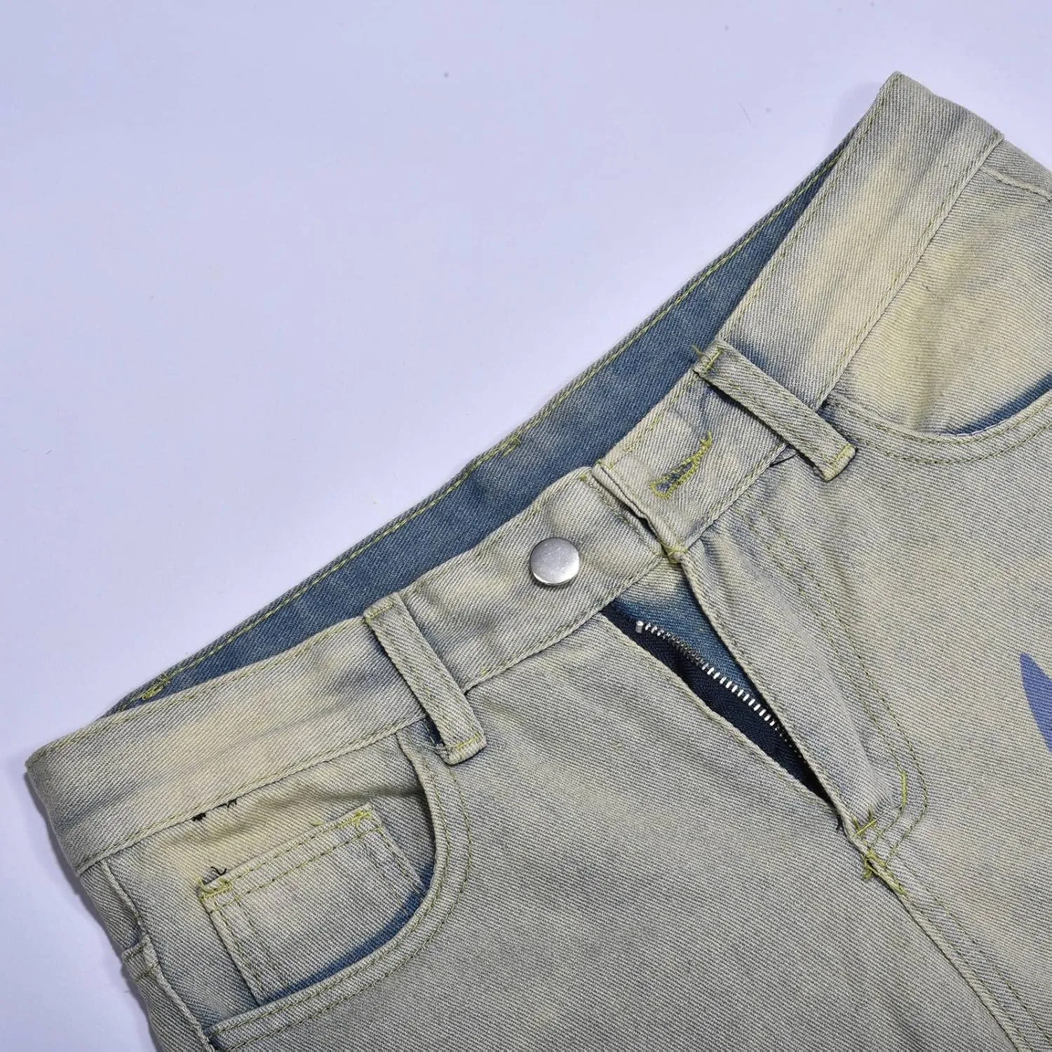 Men's Regular Fit Straight Hole Buckle Zipper Middle Waist Denim Long Pants Trousers Pants Wide Leg Trousers Pants