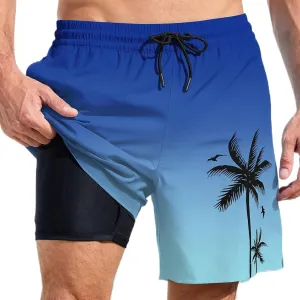 Mens Swim Trunks with Compression Liner Quick Dry Tropical Printed Bathing Suit Summer Beach Swimming Shorts Pockets