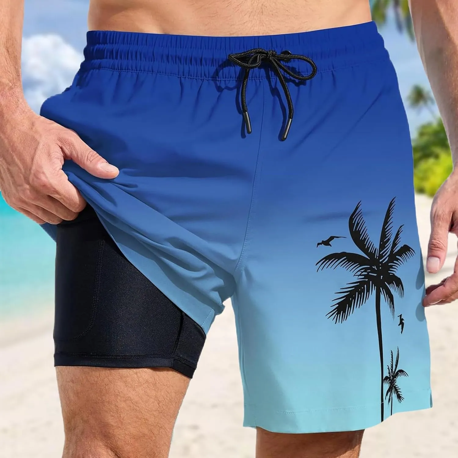 Mens Swim Trunks with Compression Liner Quick Dry Tropical Printed Bathing Suit Summer Beach Swimming Shorts Pockets