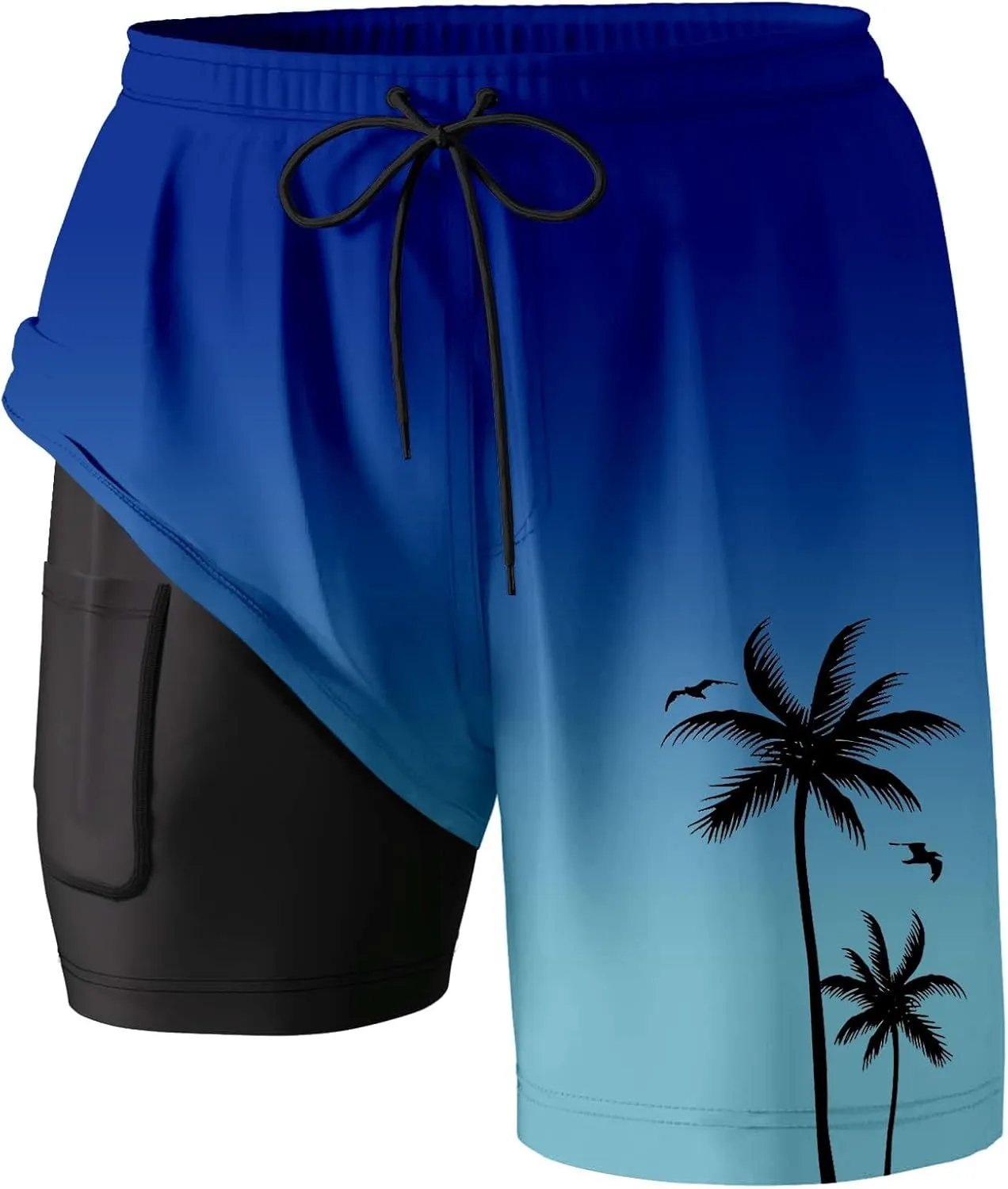Mens Swim Trunks with Compression Liner Quick Dry Tropical Printed Bathing Suit Summer Beach Swimming Shorts Pockets