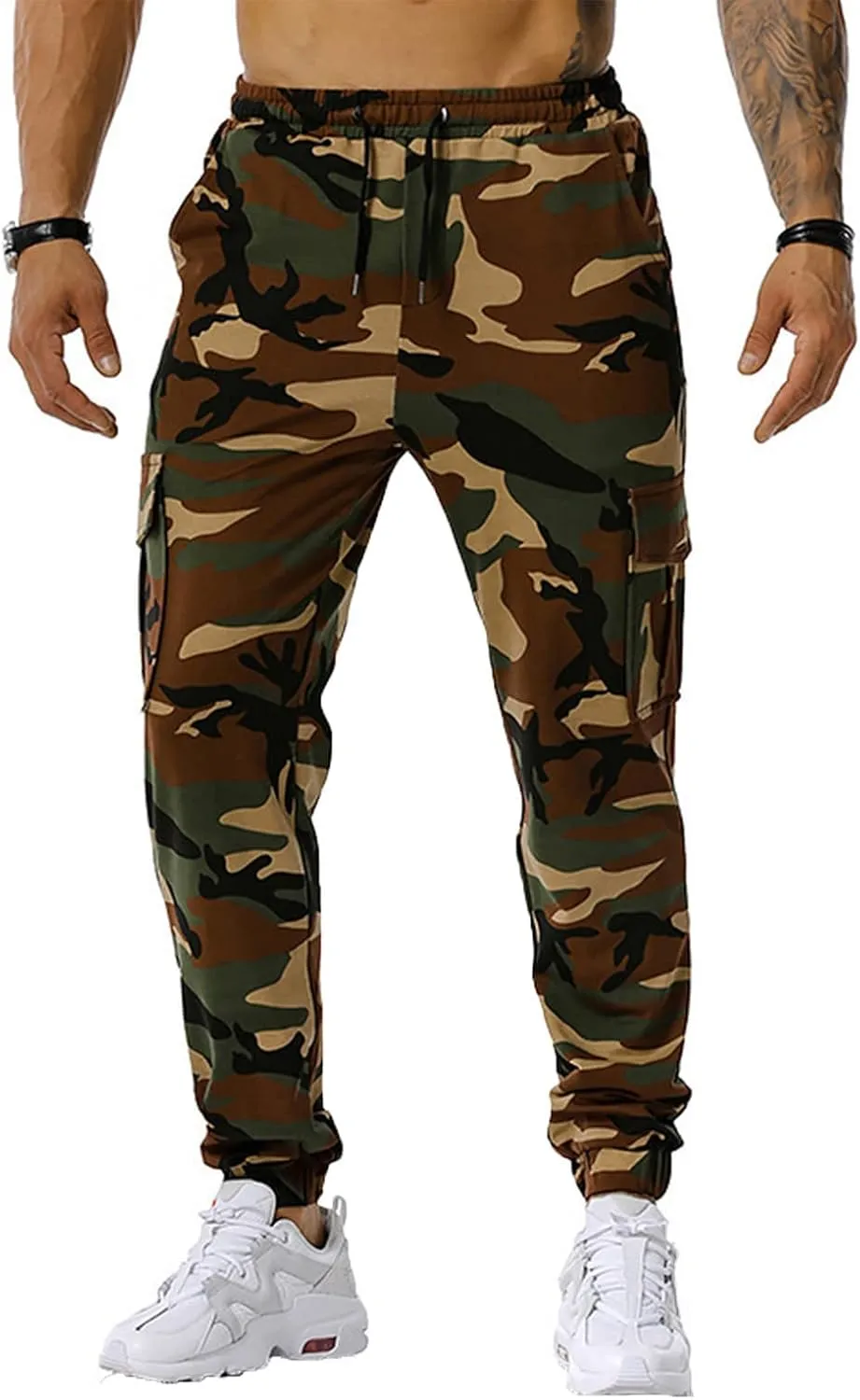 Mens Tactical Pants,Camo Cargo Pants Casual Outdoor Hiking Trousers Elastic Waist Drawstring Pocket Athletic Joggers
