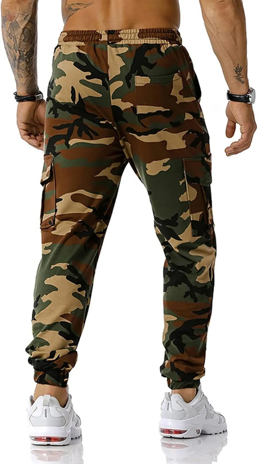 Mens Tactical Pants,Camo Cargo Pants Casual Outdoor Hiking Trousers Elastic Waist Drawstring Pocket Athletic Joggers