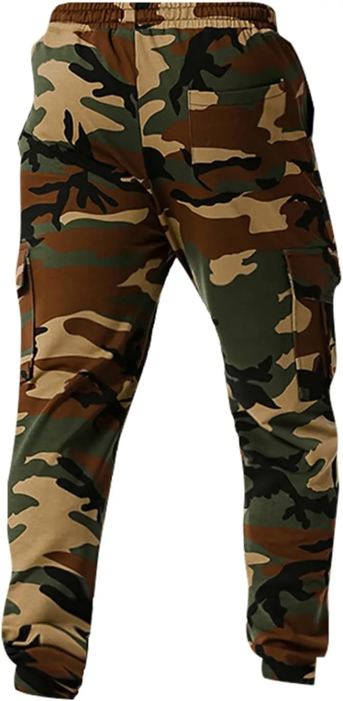 Mens Tactical Pants,Camo Cargo Pants Casual Outdoor Hiking Trousers Elastic Waist Drawstring Pocket Athletic Joggers