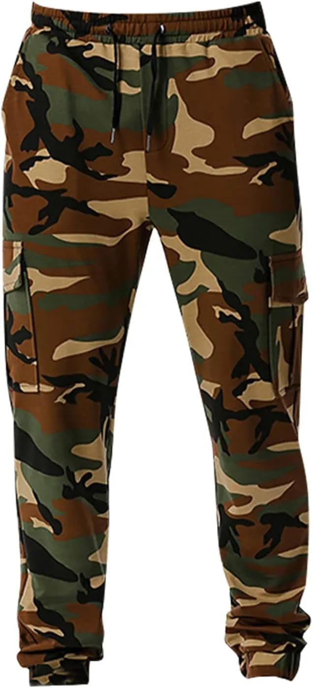 Mens Tactical Pants,Camo Cargo Pants Casual Outdoor Hiking Trousers Elastic Waist Drawstring Pocket Athletic Joggers