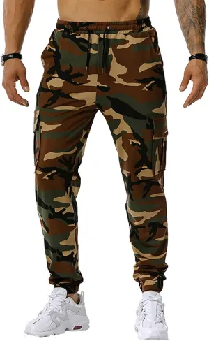 Mens Tactical Pants,Camo Cargo Pants Casual Outdoor Hiking Trousers Elastic Waist Drawstring Pocket Athletic Joggers