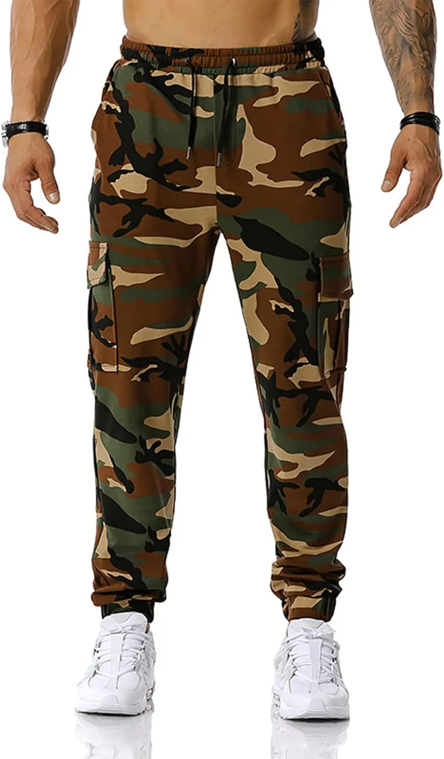 Mens Tactical Pants,Camo Cargo Pants Casual Outdoor Hiking Trousers Elastic Waist Drawstring Pocket Athletic Joggers