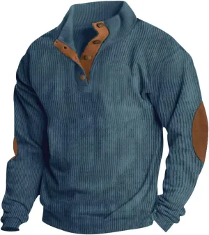 Mens Vintage Top Corduroy Sweatshirts Casual Sports Stand Collar Button Fall Tops Long Sleeve Pullover Sweatshirt