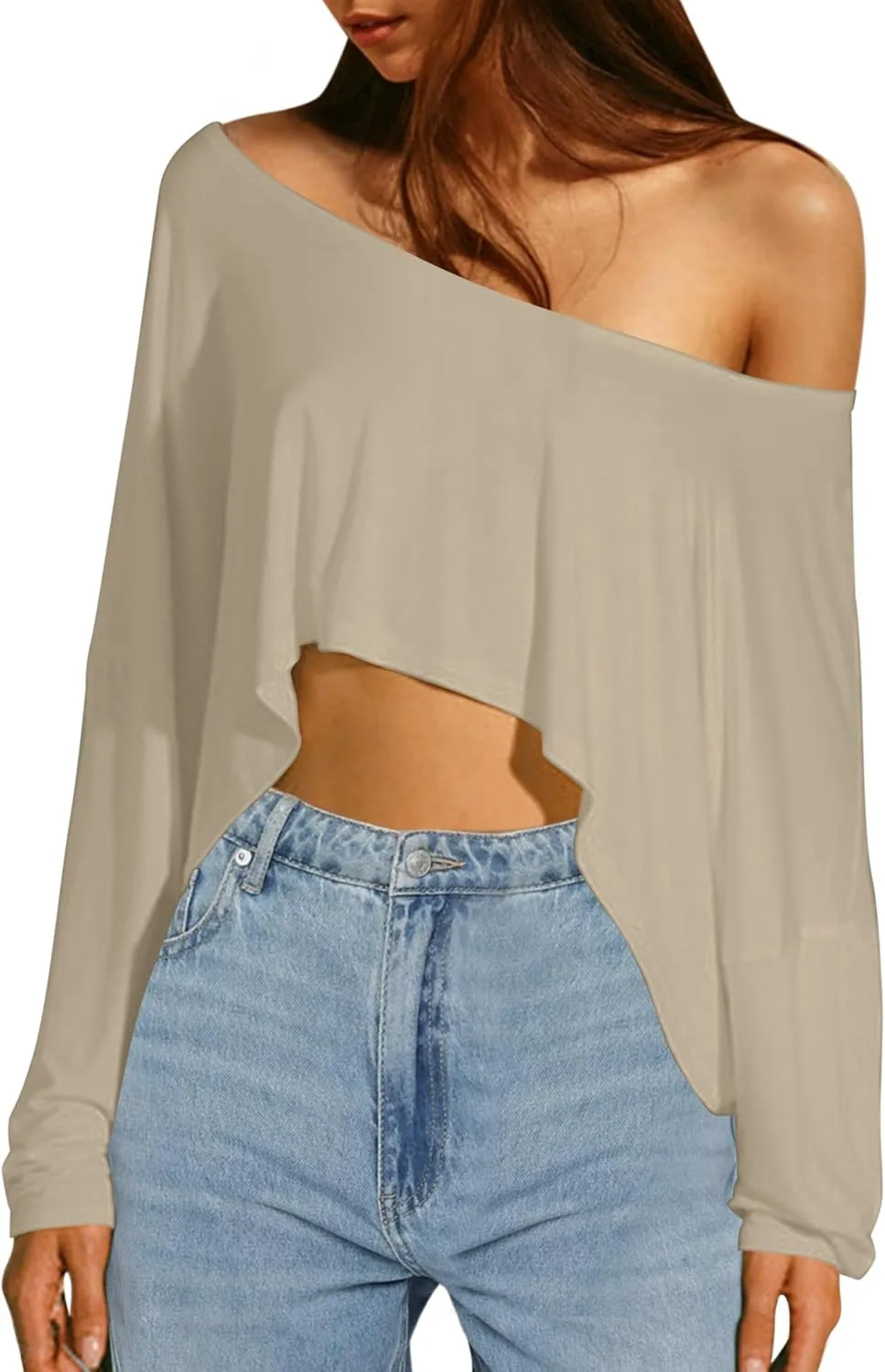 MISSACTIVER Long Sleeve Oversized Off The Shoulder Tops for Women Workout Loose Boat Neck Crop Tops Tshirt Basic Shirts
