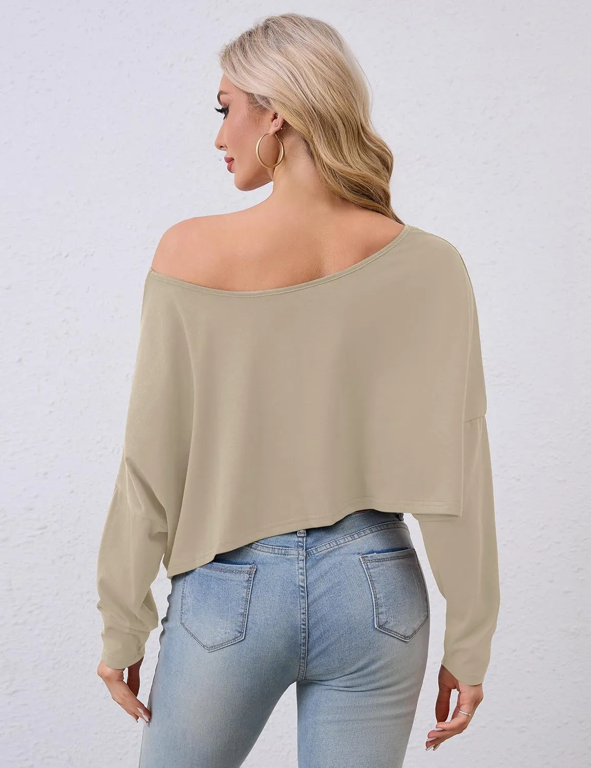 MISSACTIVER Long Sleeve Oversized Off The Shoulder Tops for Women Workout Loose Boat Neck Crop Tops Tshirt Basic Shirts