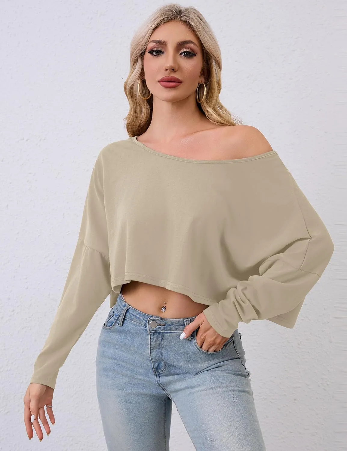 MISSACTIVER Long Sleeve Oversized Off The Shoulder Tops for Women Workout Loose Boat Neck Crop Tops Tshirt Basic Shirts