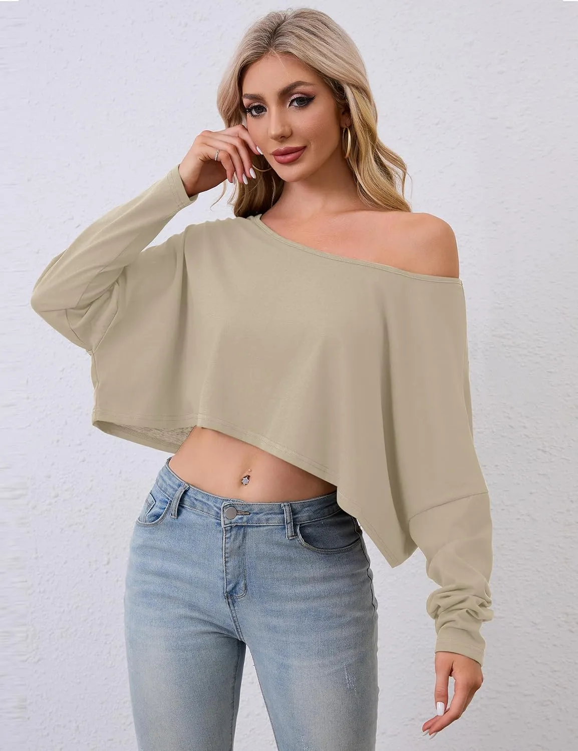 MISSACTIVER Long Sleeve Oversized Off The Shoulder Tops for Women Workout Loose Boat Neck Crop Tops Tshirt Basic Shirts