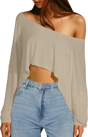 MISSACTIVER Long Sleeve Oversized Off The Shoulder Tops for Women Workout Loose Boat Neck Crop Tops Tshirt Basic Shirts