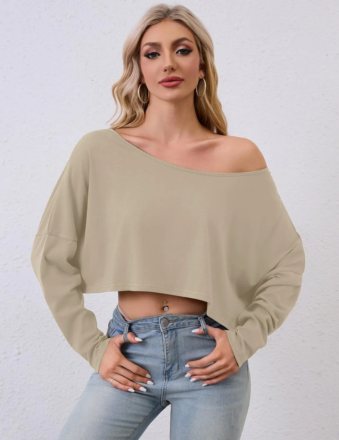 MISSACTIVER Long Sleeve Oversized Off The Shoulder Tops for Women Workout Loose Boat Neck Crop Tops Tshirt Basic Shirts