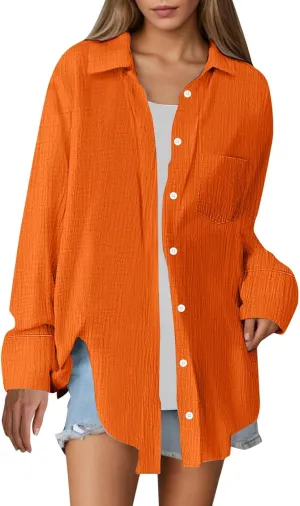 Miyaomn Women's Casual Button Down Shirts Long Sleeve V Neck Blouses Lightweight Plus Size Beach Tops Bathing Suit Cover Ups