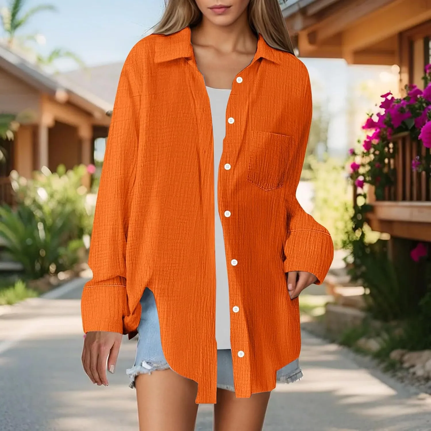 Miyaomn Women's Casual Button Down Shirts Long Sleeve V Neck Blouses Lightweight Plus Size Beach Tops Bathing Suit Cover Ups
