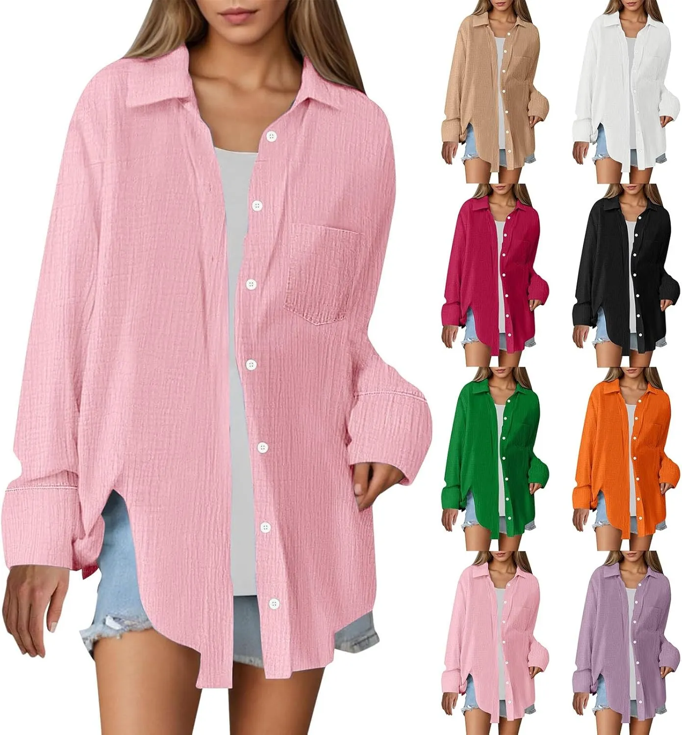 Miyaomn Women's Casual Button Down Shirts Long Sleeve V Neck Blouses Lightweight Plus Size Beach Tops Bathing Suit Cover Ups