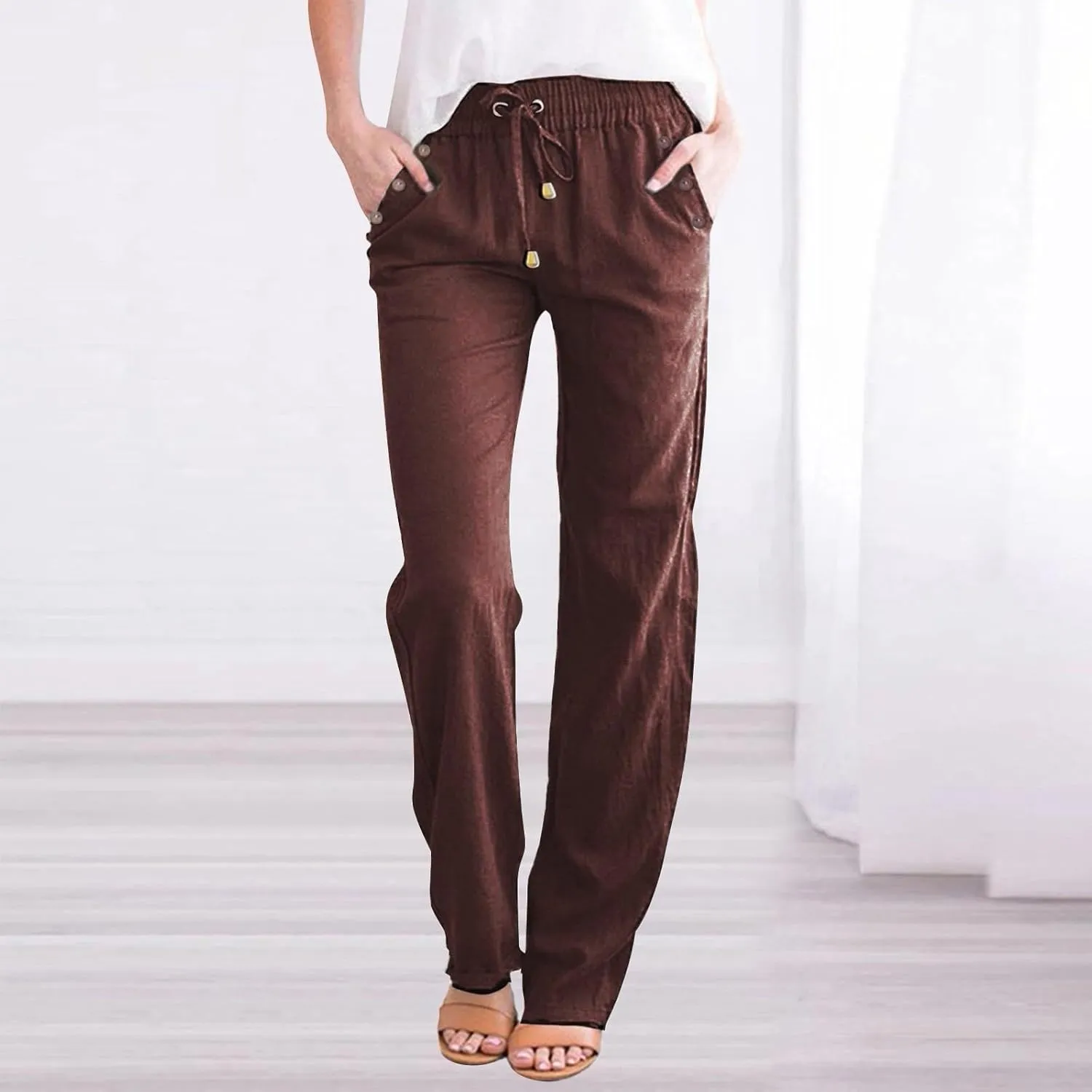 NBXNZWF Cotton Linen Pants for Women Casual Straight Leg Drawstring Elastic High Waist Long Trouser Loose Fit Lounge Pants