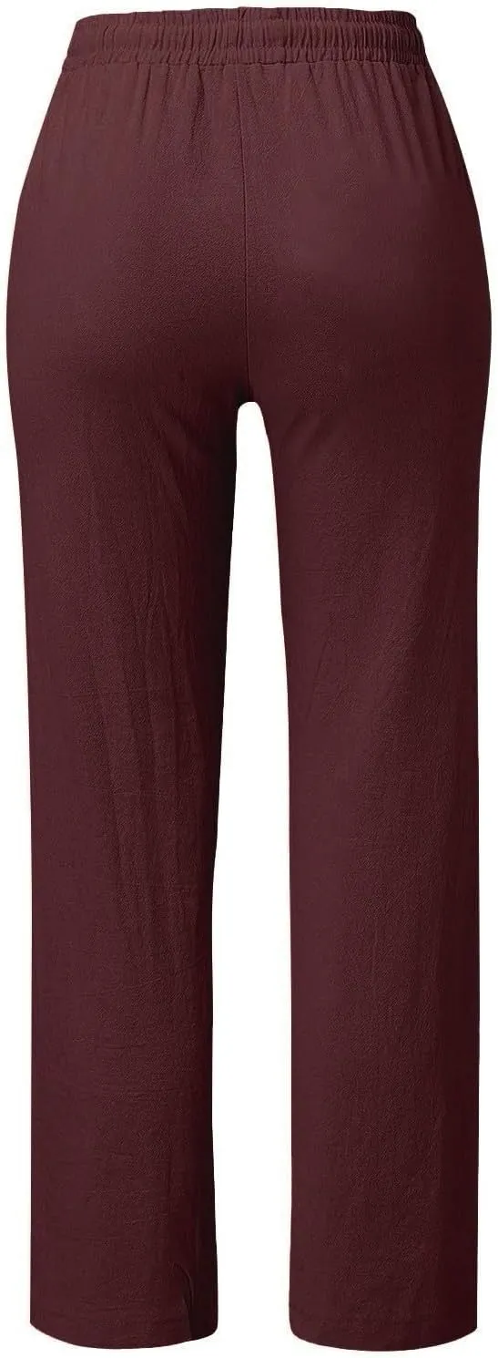 NBXNZWF Cotton Linen Pants for Women Casual Straight Leg Drawstring Elastic High Waist Long Trouser Loose Fit Lounge Pants