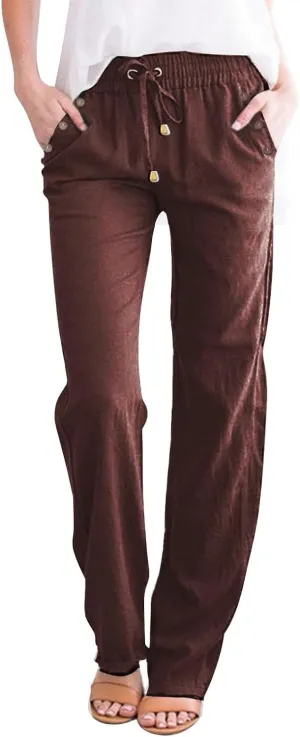 NBXNZWF Cotton Linen Pants for Women Casual Straight Leg Drawstring Elastic High Waist Long Trouser Loose Fit Lounge Pants
