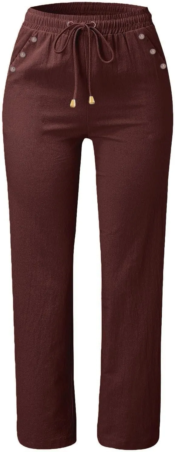 NBXNZWF Cotton Linen Pants for Women Casual Straight Leg Drawstring Elastic High Waist Long Trouser Loose Fit Lounge Pants