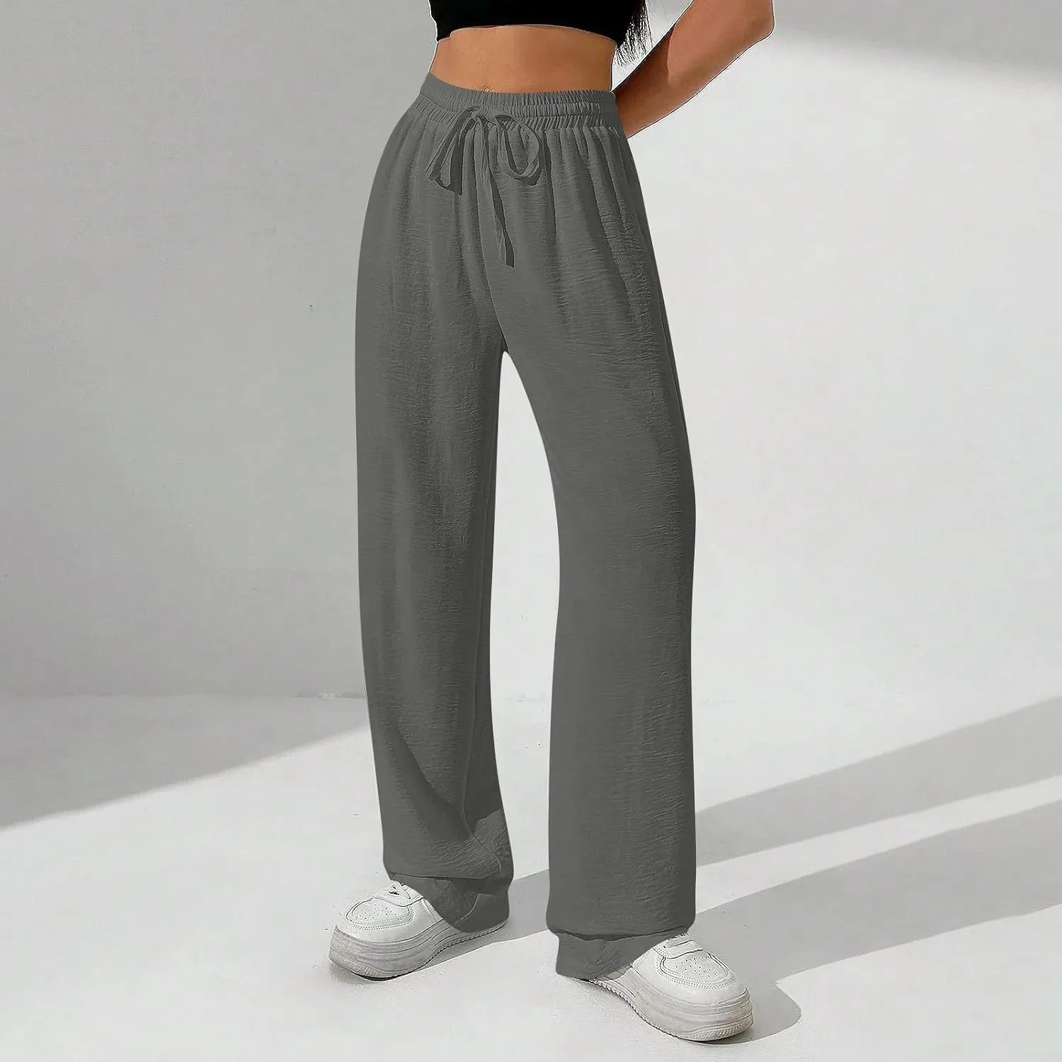 NBXNZWF Women's Cotton-Linen Pants Wide Leg Drawstring High Waist Casual Trousers Lounge Pant with Pockets Beach Outfits