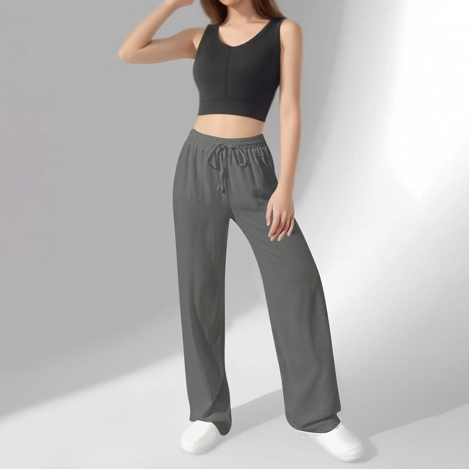 NBXNZWF Women's Cotton-Linen Pants Wide Leg Drawstring High Waist Casual Trousers Lounge Pant with Pockets Beach Outfits