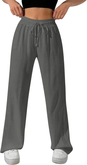 NBXNZWF Women's Cotton-Linen Pants Wide Leg Drawstring High Waist Casual Trousers Lounge Pant with Pockets Beach Outfits