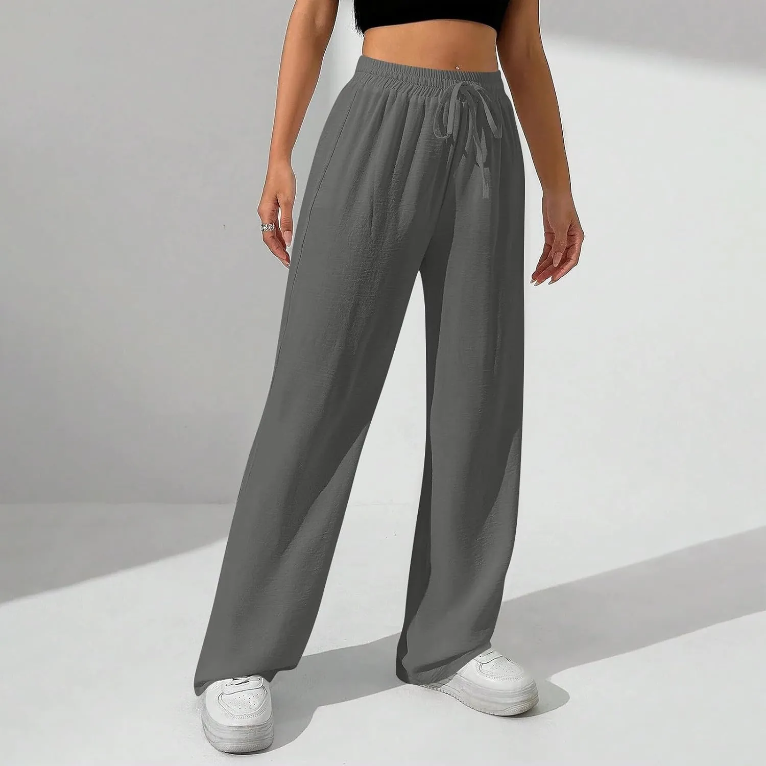 NBXNZWF Women's Cotton-Linen Pants Wide Leg Drawstring High Waist Casual Trousers Lounge Pant with Pockets Beach Outfits