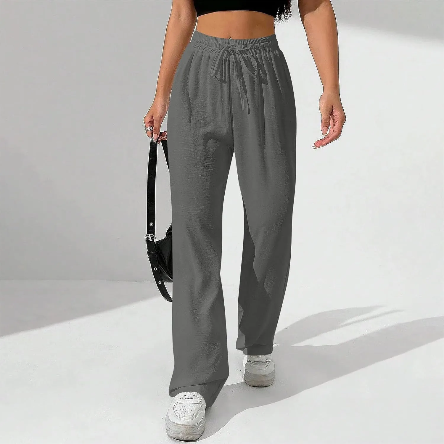 NBXNZWF Women's Cotton-Linen Pants Wide Leg Drawstring High Waist Casual Trousers Lounge Pant with Pockets Beach Outfits