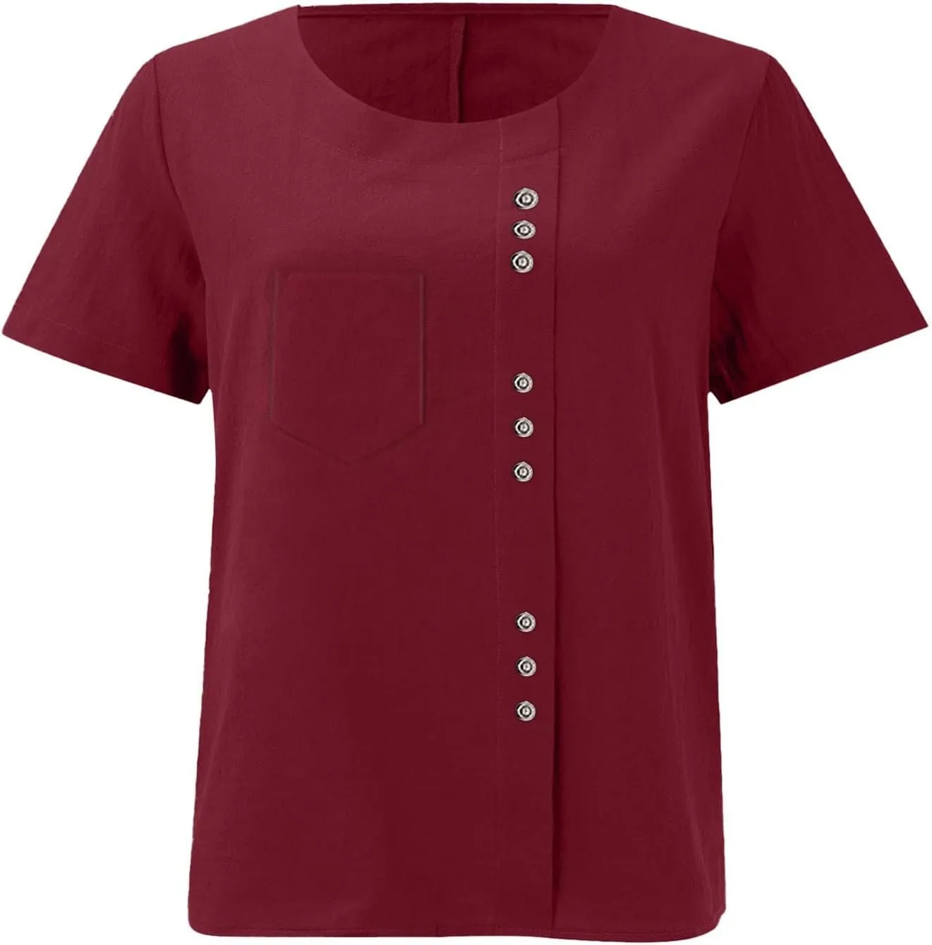 Oversized Crew Neck Linen Tops for Women Short Sleeve Cotton Linen Tee Shirts Workout Buttons Tshirt with Pocket