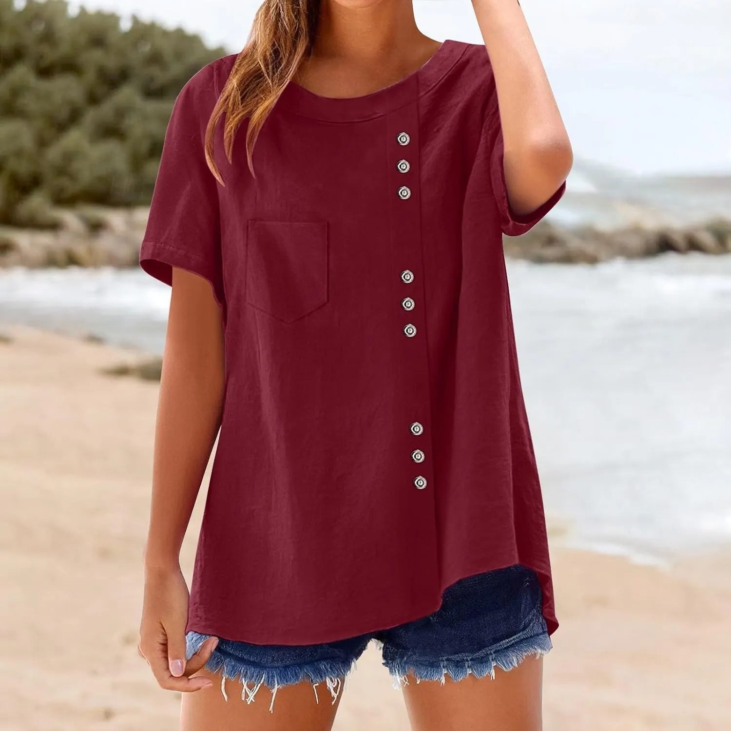 Oversized Crew Neck Linen Tops for Women Short Sleeve Cotton Linen Tee Shirts Workout Buttons Tshirt with Pocket