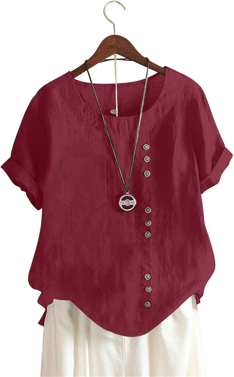 Oversized Crew Neck Linen Tops for Women Short Sleeve Cotton Linen Tee Shirts Workout Buttons Tshirt with Pocket