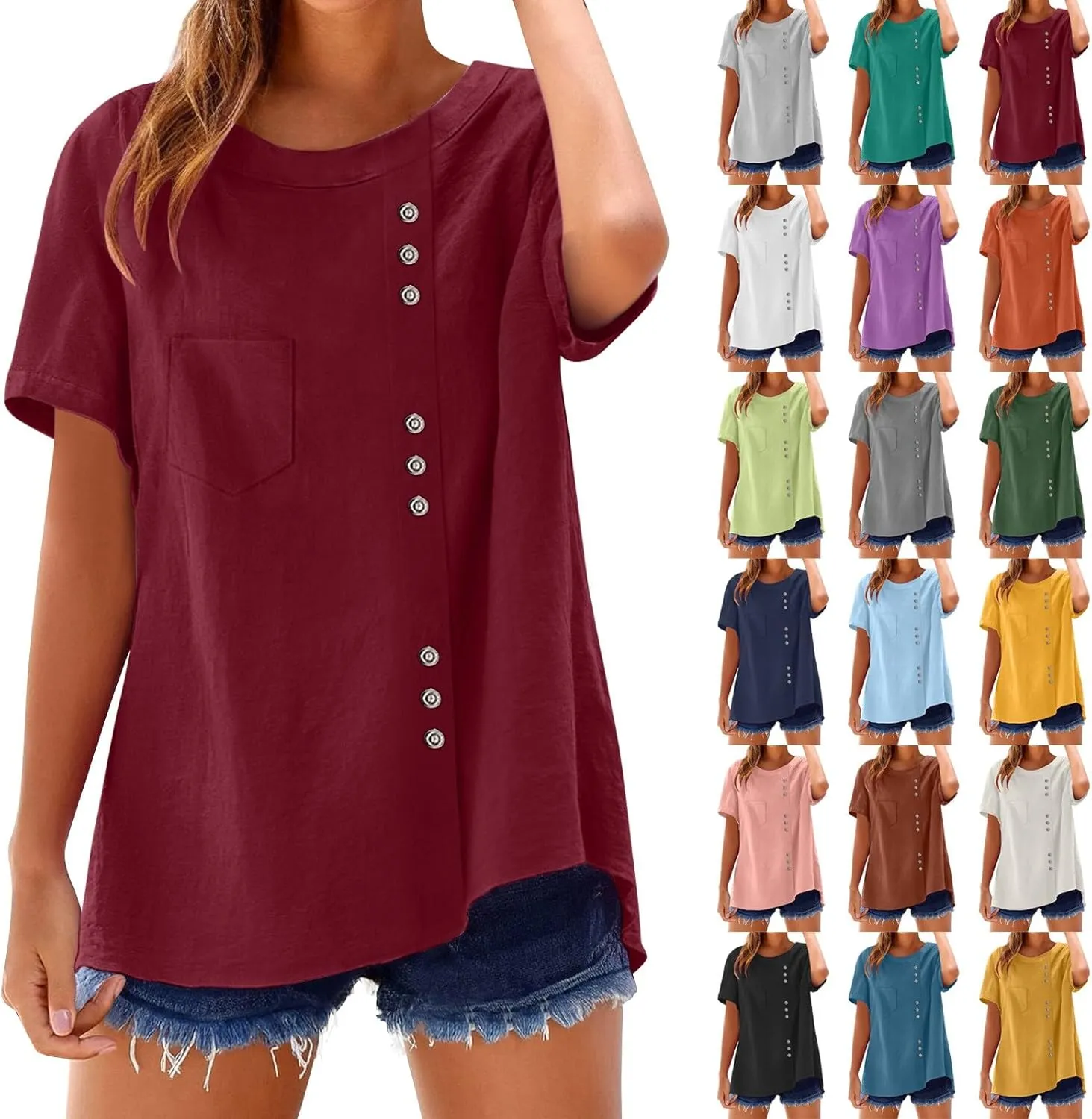 Oversized Crew Neck Linen Tops for Women Short Sleeve Cotton Linen Tee Shirts Workout Buttons Tshirt with Pocket