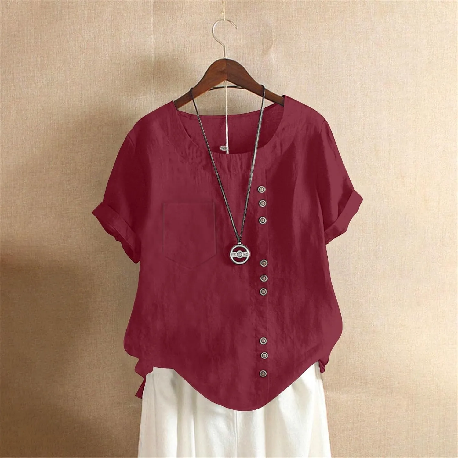 Oversized Crew Neck Linen Tops for Women Short Sleeve Cotton Linen Tee Shirts Workout Buttons Tshirt with Pocket