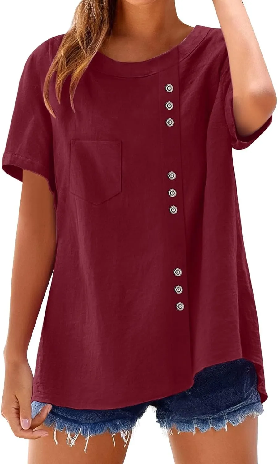Oversized Crew Neck Linen Tops for Women Short Sleeve Cotton Linen Tee Shirts Workout Buttons Tshirt with Pocket