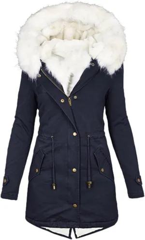 Oversized Faux Fur Hooded Coats Thickened Hooded Jacket with Big Fur Collar Trendy Drawstring Waist Overcoat