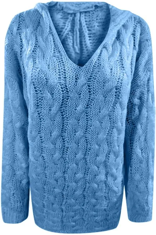 Oversized Sweaters Womens Chunky Cable Knit Pullover Hooded Sweaters V Neck Long Sleeve Loose Hoodies Knitwear Clothes