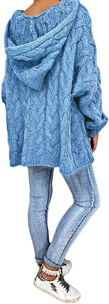 Oversized Sweaters Womens Chunky Cable Knit Pullover Hooded Sweaters V Neck Long Sleeve Loose Hoodies Knitwear Clothes