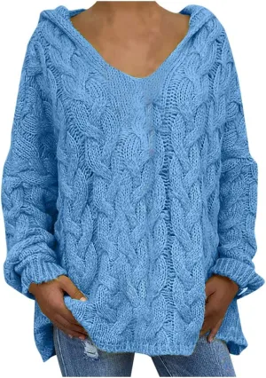 Oversized Sweaters Womens Chunky Cable Knit Pullover Hooded Sweaters V Neck Long Sleeve Loose Hoodies Knitwear Clothes