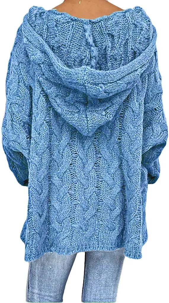 Oversized Sweaters Womens Chunky Cable Knit Pullover Hooded Sweaters V Neck Long Sleeve Loose Hoodies Knitwear Clothes