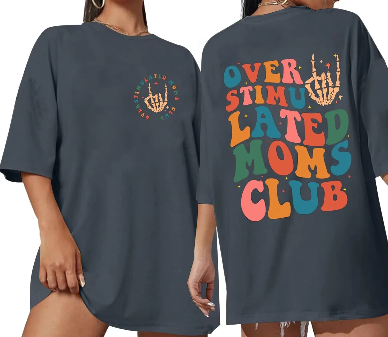 Overstimulated Moms Club Shirt Funny Moms Club Graphic Oversized Tshirts Mom Life Skeleton for Women Casual Tees Top