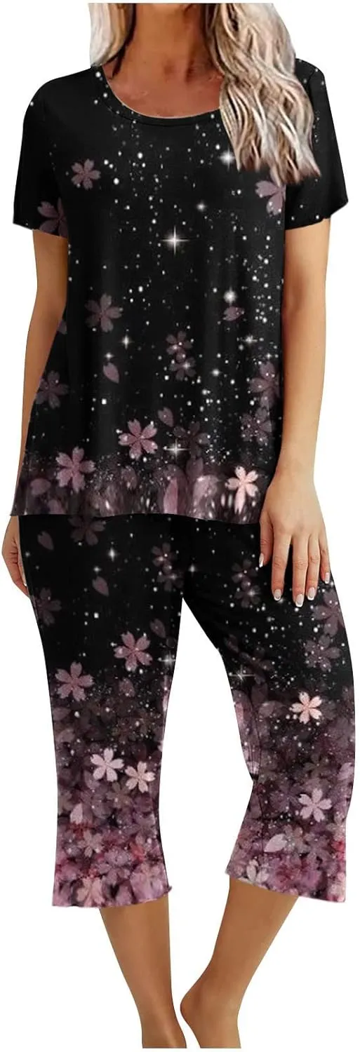 Pajamas for Women 2023 Set Short Sleeve Capri Pajamas Ladies Soft Comfy Pjs Summer Lounge Sleepwear Set With Pockets