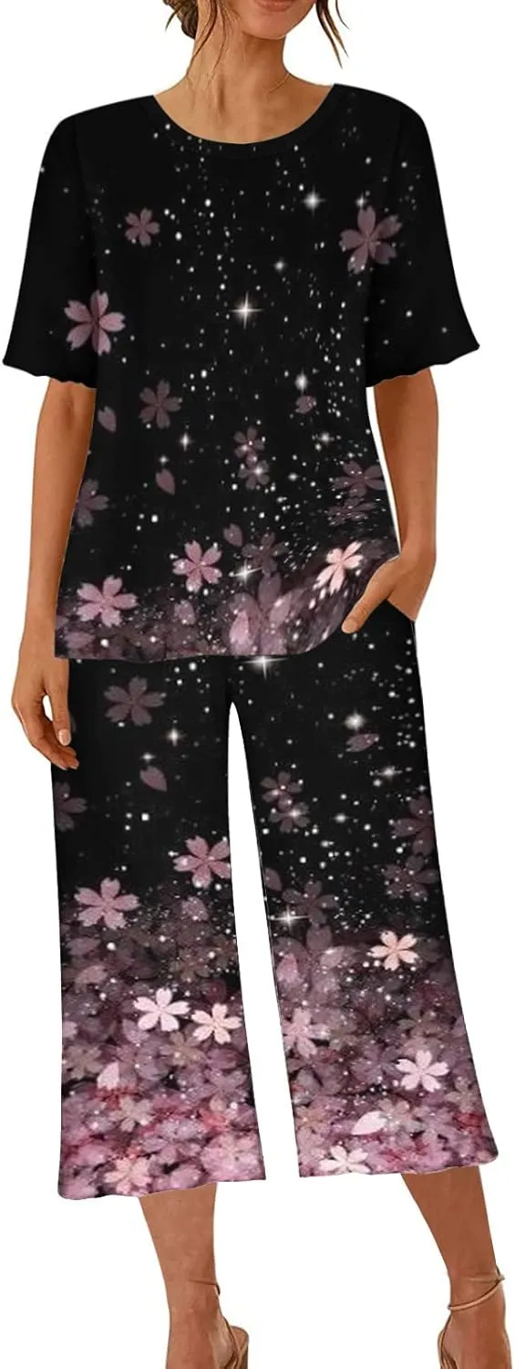 Pajamas for Women 2023 Set Short Sleeve Capri Pajamas Ladies Soft Comfy Pjs Summer Lounge Sleepwear Set With Pockets