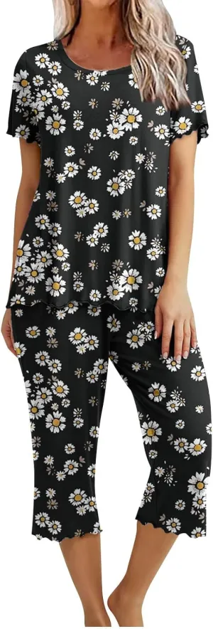 Pajamas for Women 2023 Set Short Sleeve Capri Pajamas Ladies Soft Comfy Pjs Summer Lounge Sleepwear Set With Pockets