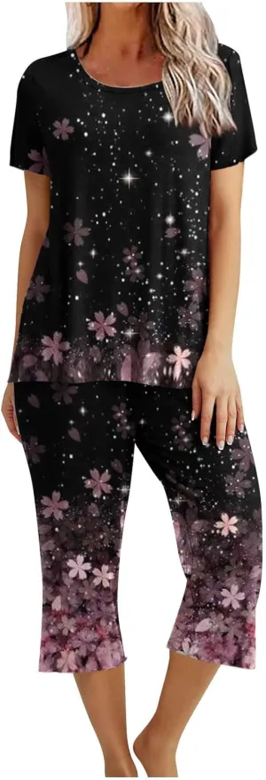 Pajamas for Women 2023 Set Short Sleeve Capri Pajamas Ladies Soft Comfy Pjs Summer Lounge Sleepwear Set With Pockets