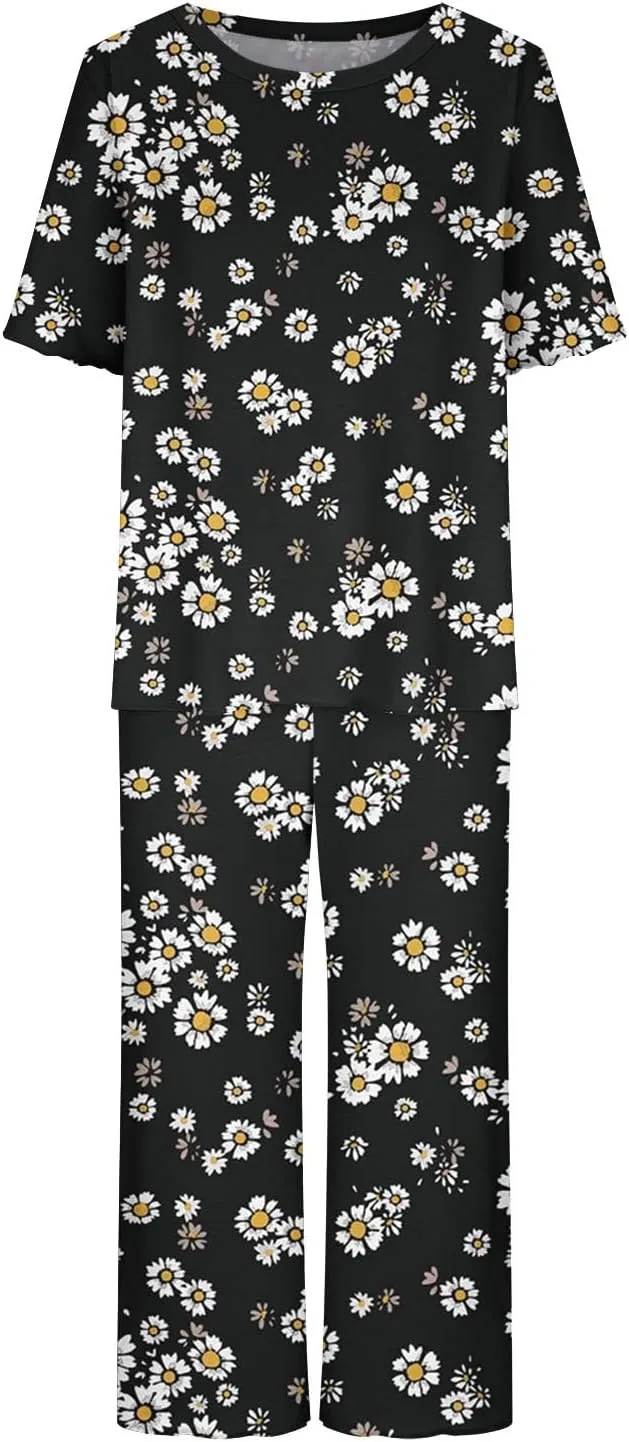 Pajamas for Women 2023 Set Short Sleeve Capri Pajamas Ladies Soft Comfy Pjs Summer Lounge Sleepwear Set With Pockets