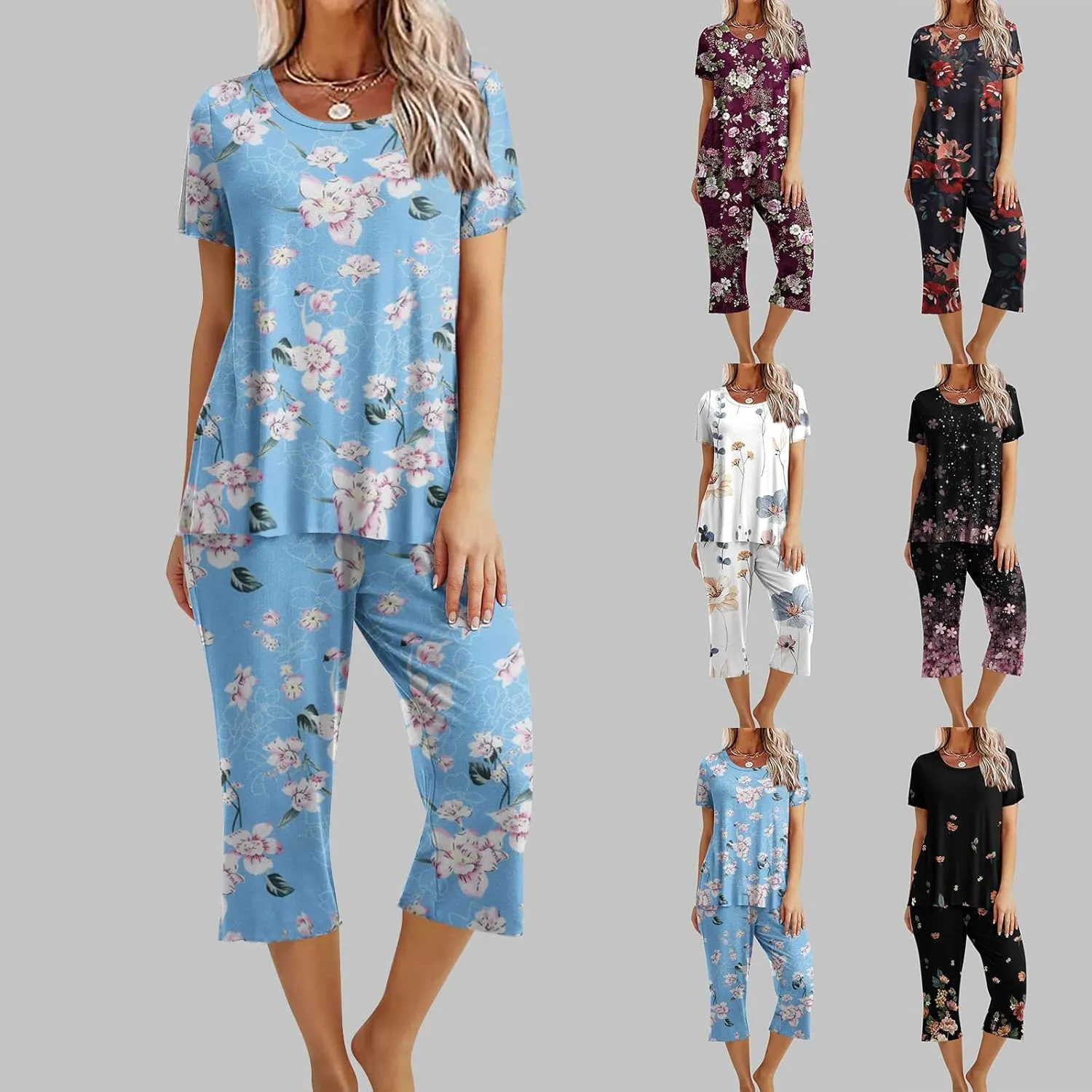 Pajamas for Women 2023 Set Short Sleeve Capri Pajamas Ladies Soft Comfy Pjs Summer Lounge Sleepwear Set With Pockets
